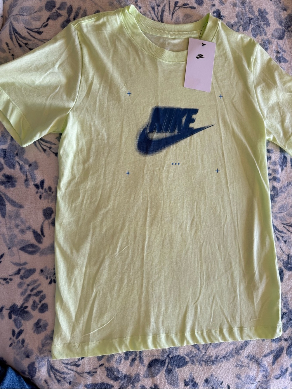 Nike Kids Short Sleeve Tee in Neon Green with Blue Logo Size L